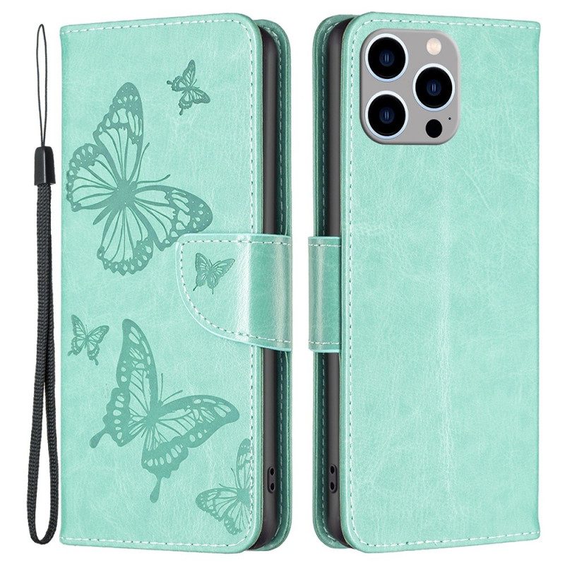Custodia in pelle iPhone 14 Pro Max Farfalle Stampate Strappy