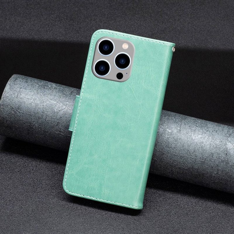 Custodia in pelle iPhone 14 Pro Max Farfalle Stampate Strappy