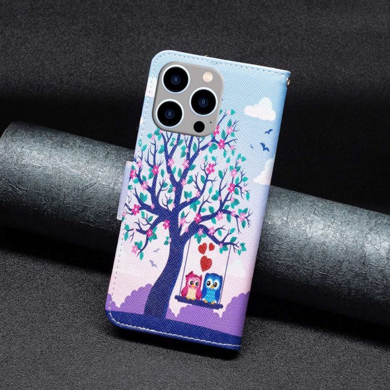 Custodia in pelle iPhone 14 Pro Max Gufi Sull'altalena