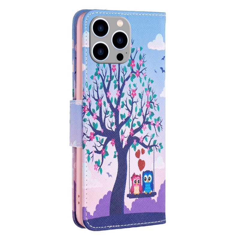 Custodia in pelle iPhone 14 Pro Max Gufi Sull'altalena
