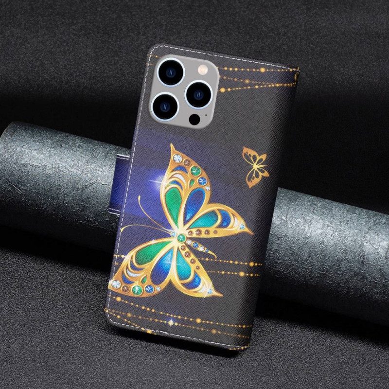 Custodia in pelle iPhone 14 Pro Max Tasca Con Cerniera Per Farfalle