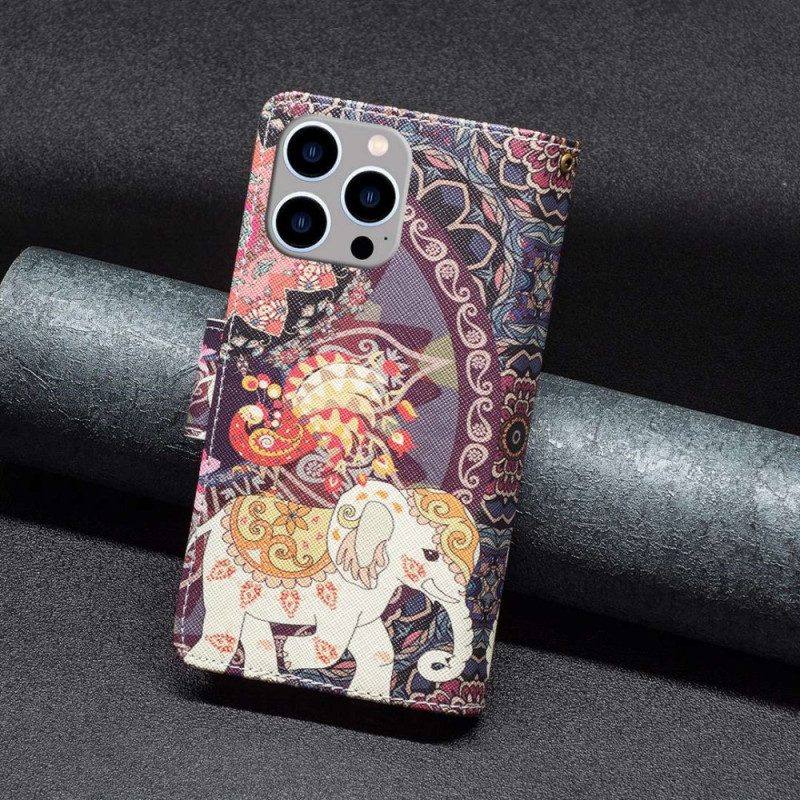 Custodia in pelle iPhone 14 Pro Max Tasca Con Zip A Forma Di Elefante