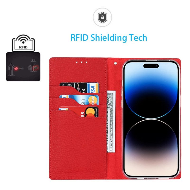 Folio Cover iPhone 14 Pro Max Custodia in pelle Cinturino In Vera Pelle Di Litchi