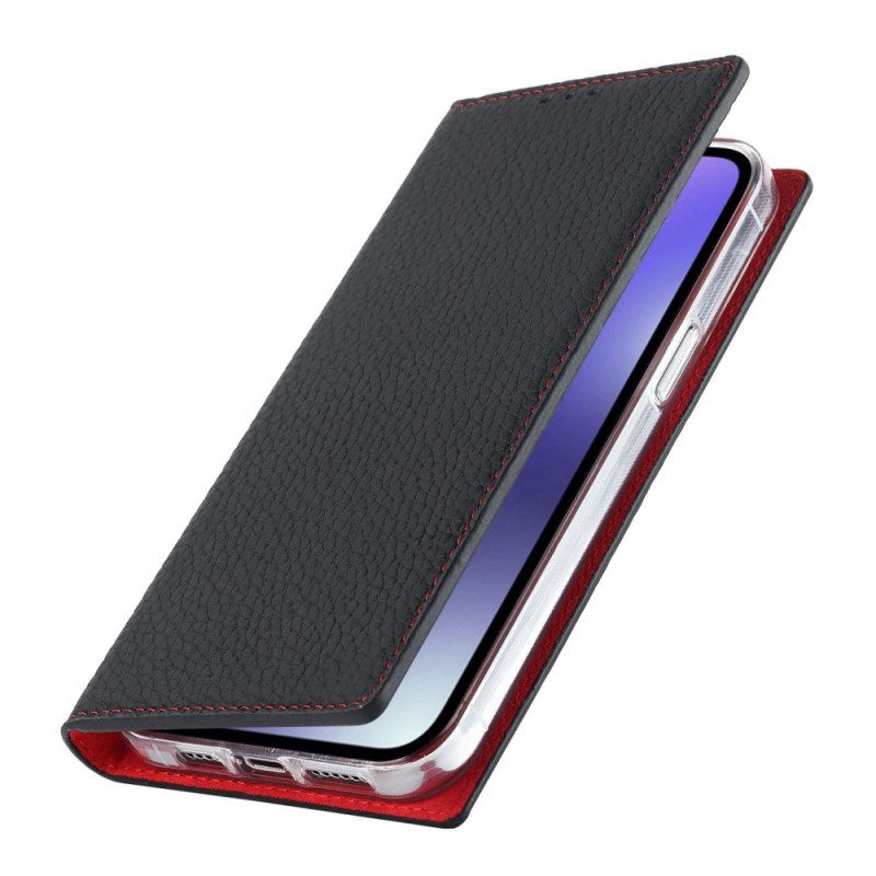 Folio Cover iPhone 14 Pro Max Custodia in pelle Cinturino In Vera Pelle Di Litchi