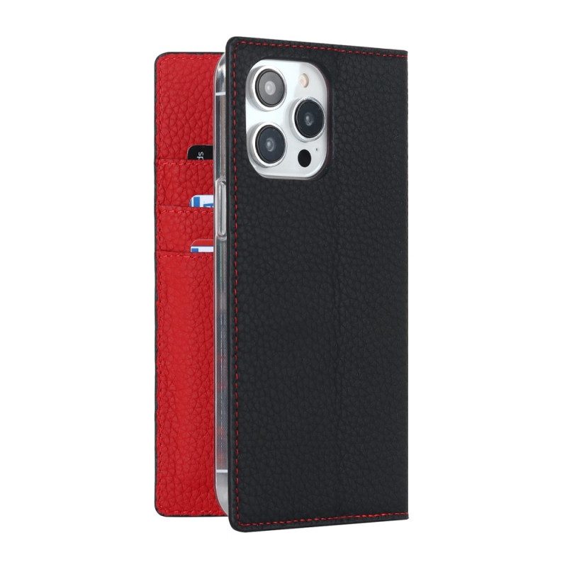 Folio Cover iPhone 14 Pro Max Custodia in pelle Cinturino In Vera Pelle Di Litchi