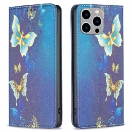 Folio Cover iPhone 14 Pro Max Custodia in pelle Farfalle
