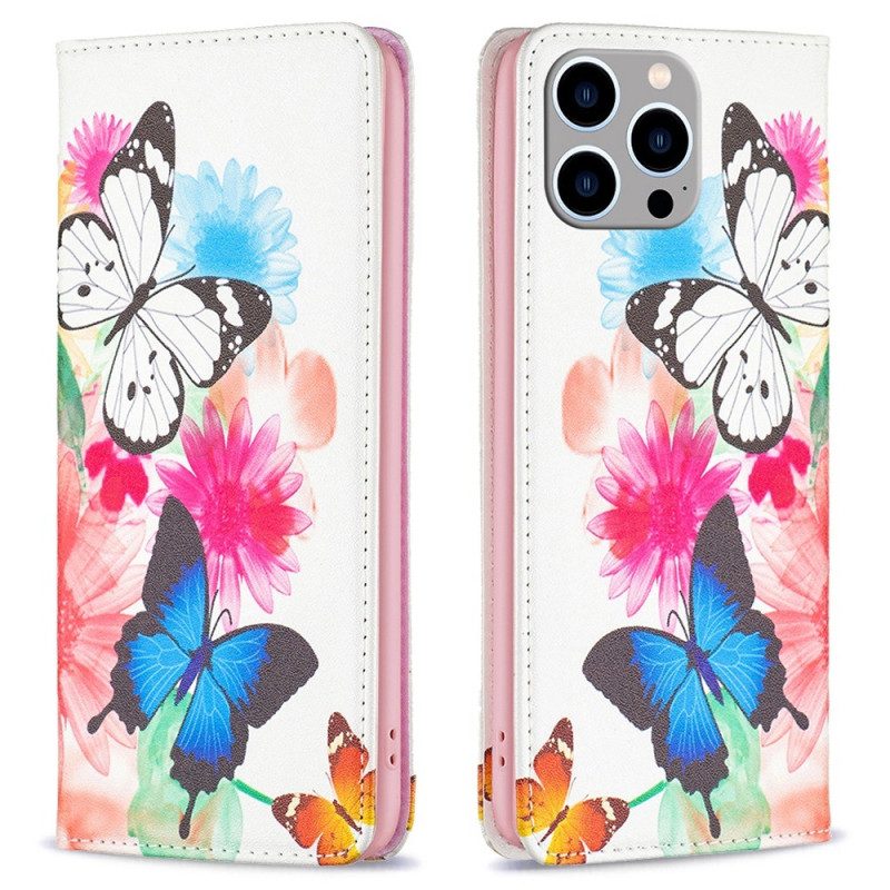 Folio Cover iPhone 14 Pro Max Custodia in pelle Farfalle