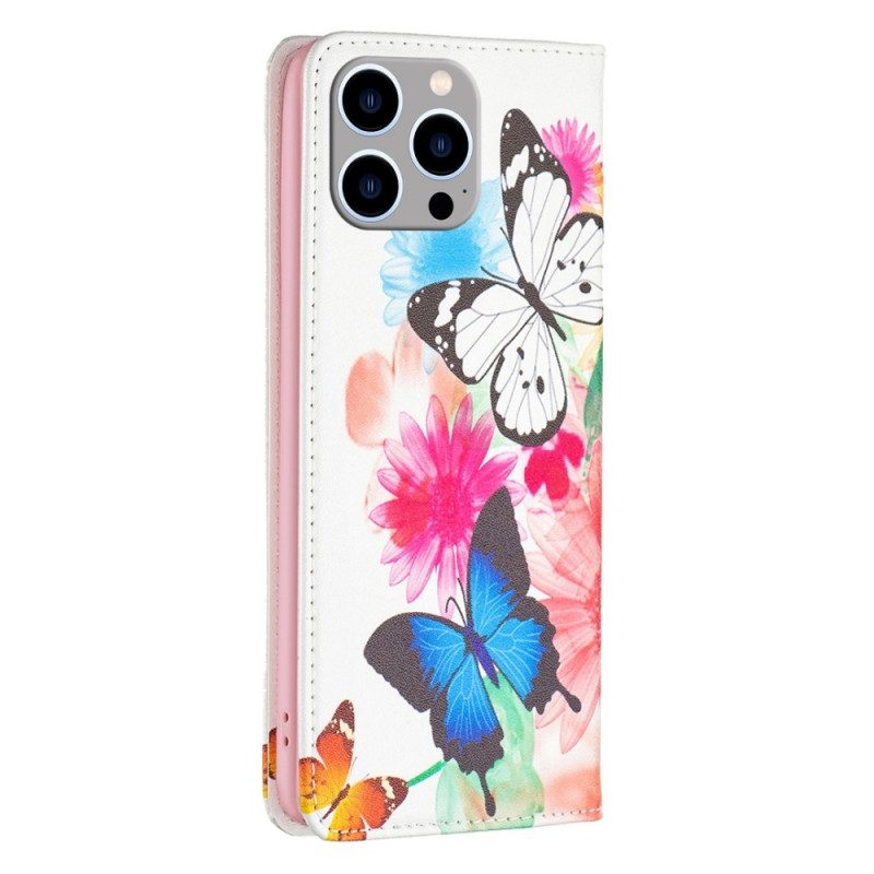 Folio Cover iPhone 14 Pro Max Custodia in pelle Farfalle
