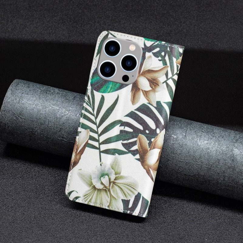 Folio Cover iPhone 14 Pro Max Custodia in pelle Foglie