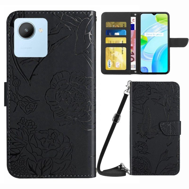 Custodia in pelle Realme C30 Tracolla A Fiori Di Farfalla