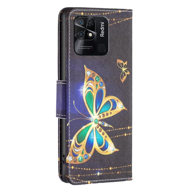 Custodia in pelle Xiaomi Redmi 10C Farfalle Dorate