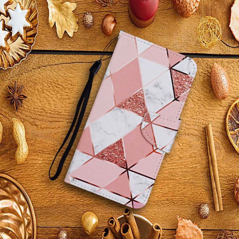 Custodia in pelle Xiaomi Redmi 10C Marmo Glitterato Con Cordino