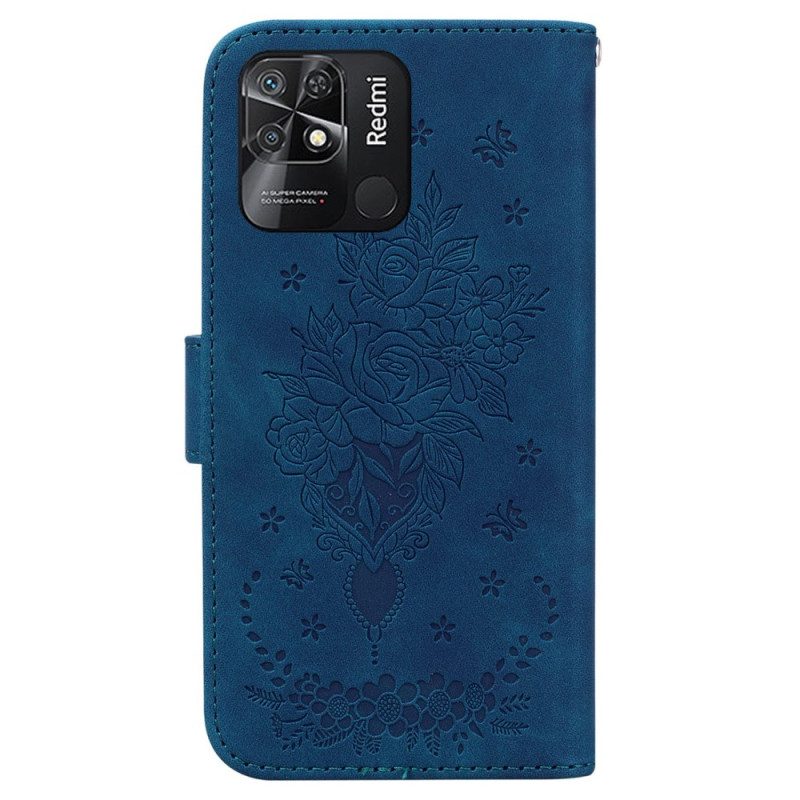 Custodia in pelle Xiaomi Redmi 10C Strappy Rose E Farfalle