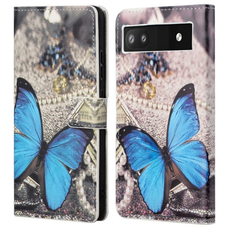 Custodia in pelle Google Pixel 6A Farfalla Blu