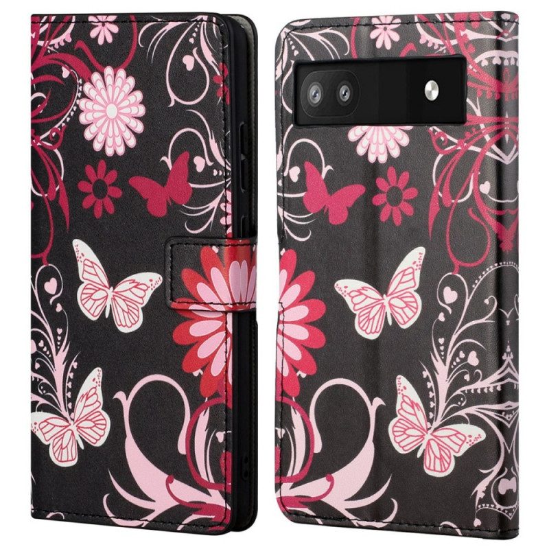 Custodia in pelle Google Pixel 6A Farfalle Farfalle