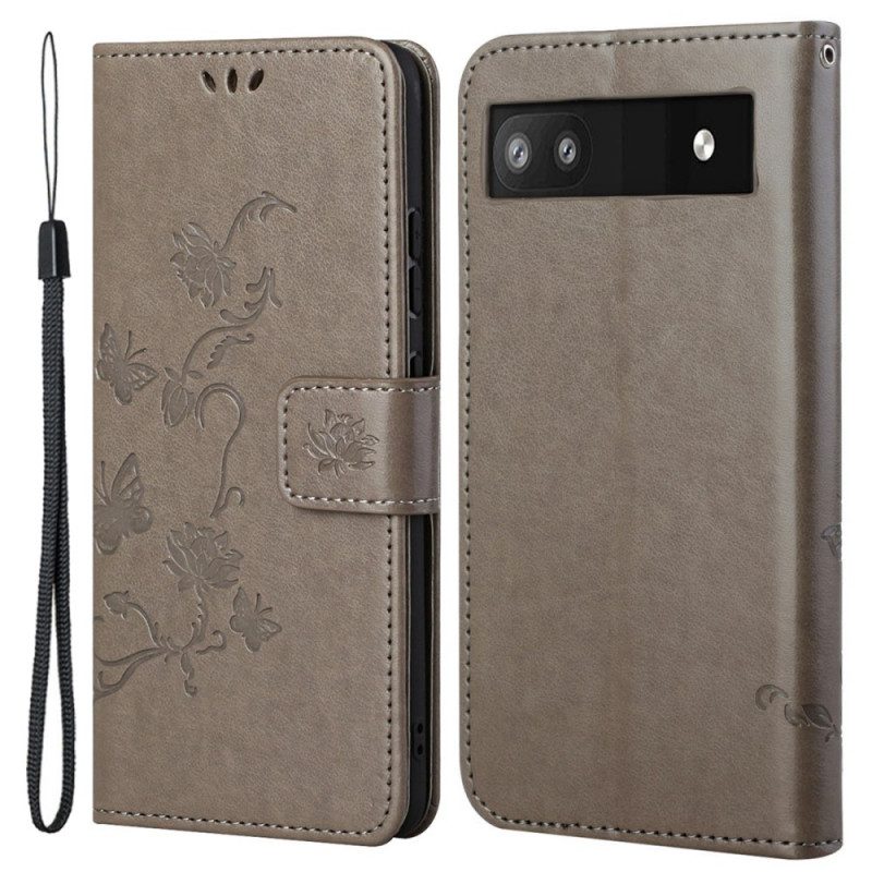Custodia in pelle Google Pixel 6A Fiori E Farfalle Con Cinturino