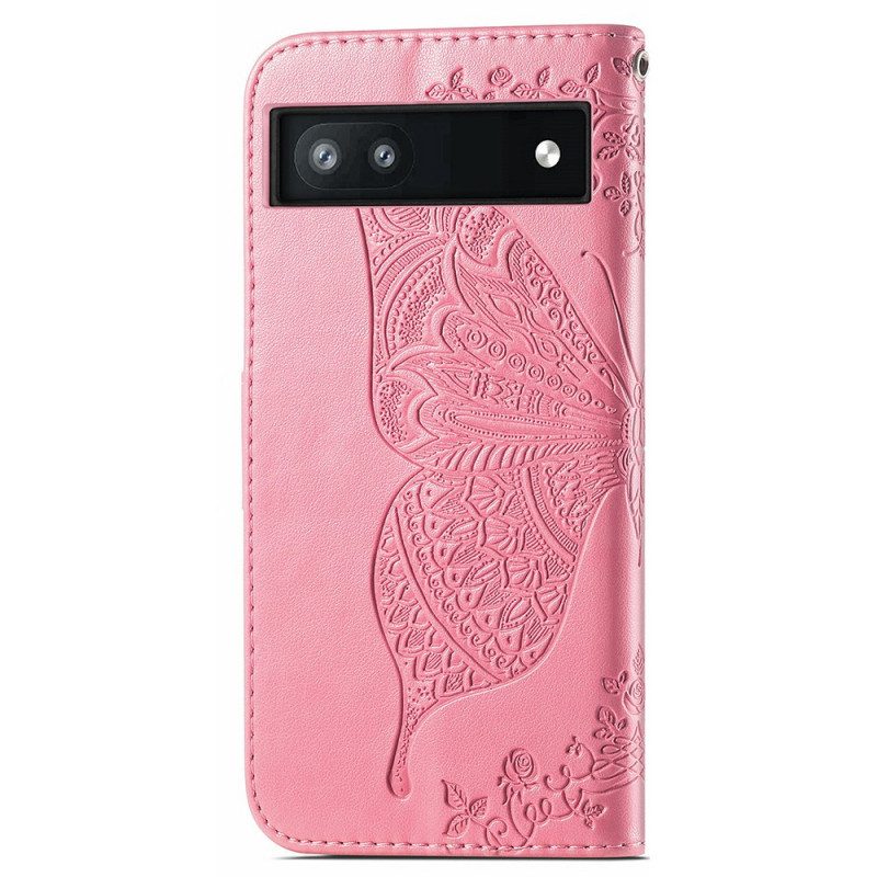 Custodia in pelle Google Pixel 6A Motivo A Farfalla Con Cinturino