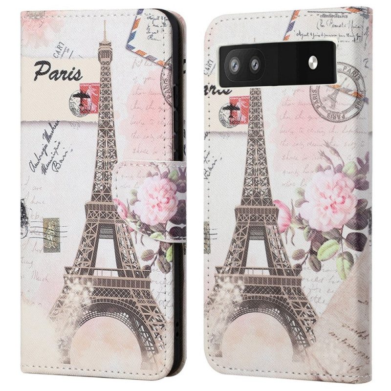 Custodia in pelle Google Pixel 6A Torre Eiffel D'epoca