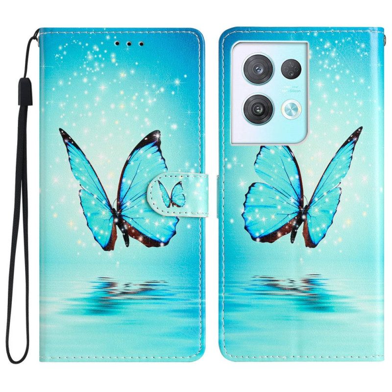 Custodia in pelle Oppo Reno 8 Pro Farfalle Blu Con Cinturino