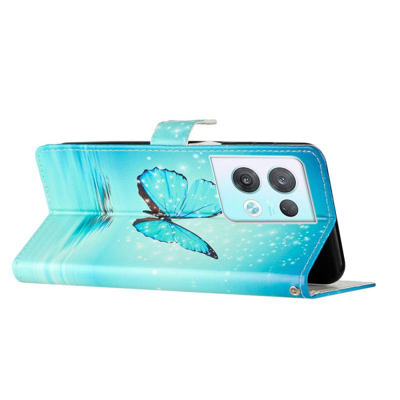 Custodia in pelle Oppo Reno 8 Pro Farfalle Blu Con Cinturino