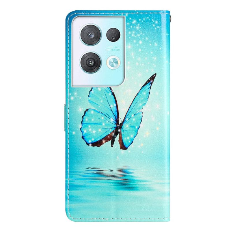 Custodia in pelle Oppo Reno 8 Pro Farfalle Blu Con Cinturino