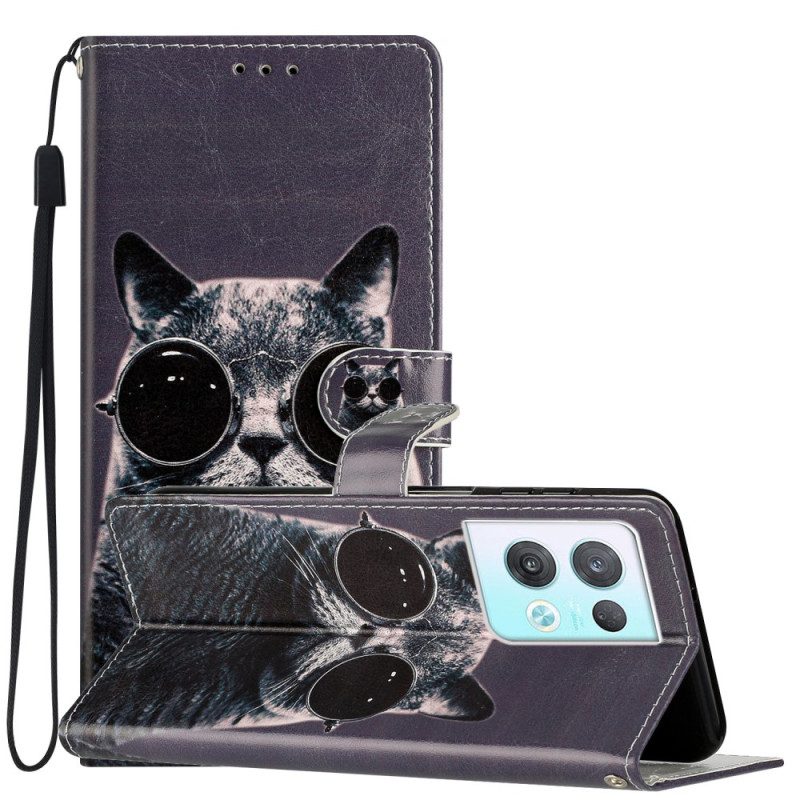 Custodia in pelle Oppo Reno 8 Pro Occhiali Con Cinturino Da Gatto