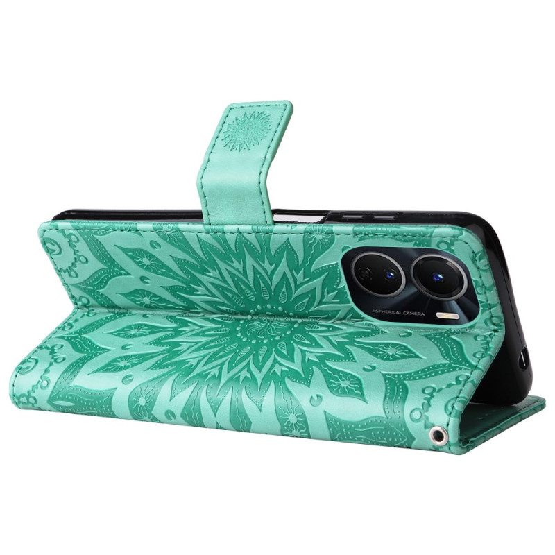 Custodia in pelle Vivo Y16 Mandala Sole Con Cordino