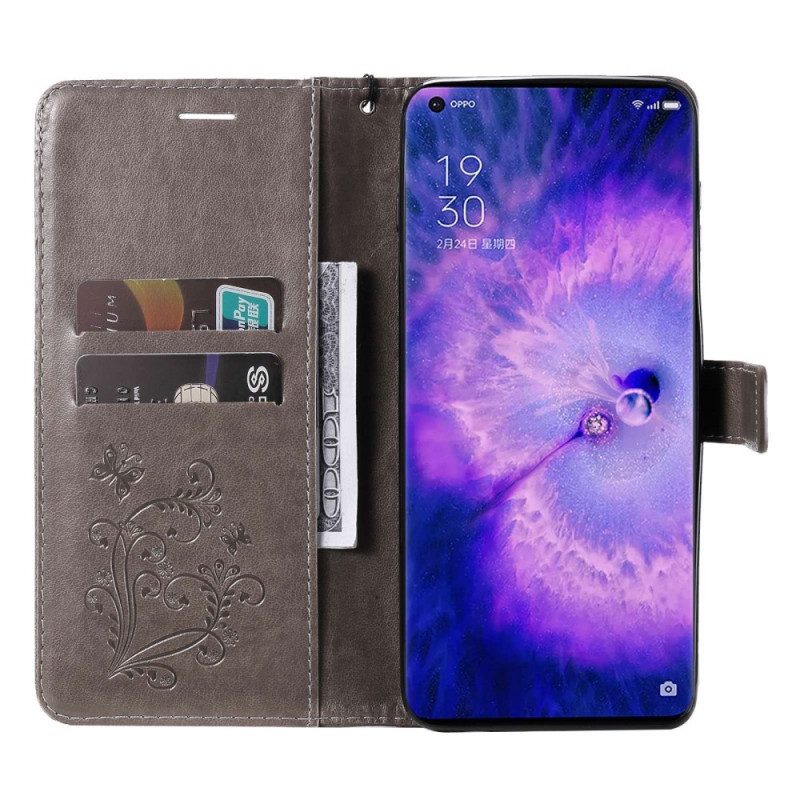 Custodia in pelle Oppo Find X5 Pro Farfalle Con Cinturino Gigante