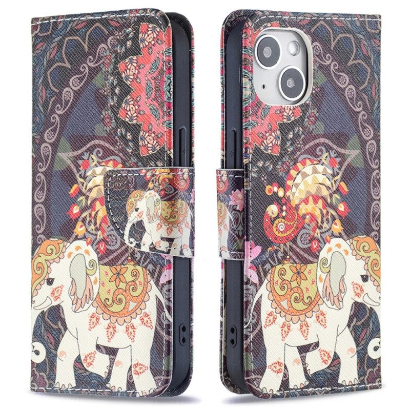 Custodia in pelle iPhone 15 Elefante Tribale