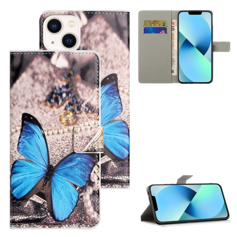 Custodia in pelle iPhone 15 Farfalla Blu