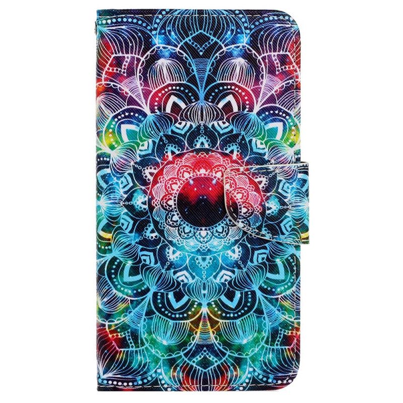 Custodia in pelle iPhone 15 Mandala Colorato Con Cinturino