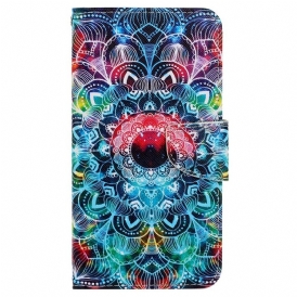 Custodia in pelle iPhone 15 Mandala Colorato Con Cinturino