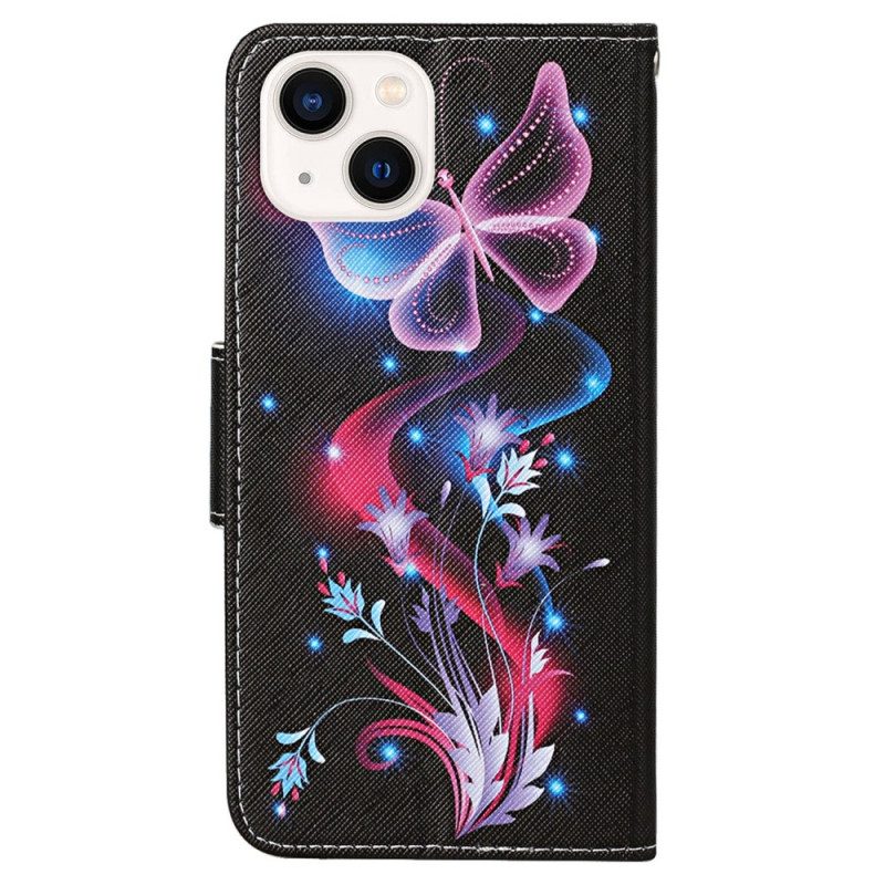 Custodia in pelle iPhone 15 Volo Delle Falene Sul Cordino