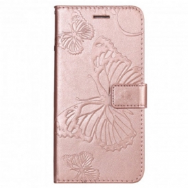 Custodia in pelle Motorola Edge 20 Lite Farfalle Con Cinturino Gigante
