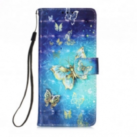 Custodia in pelle Motorola Edge 20 Lite Farfalle Dorate Con Cinturino