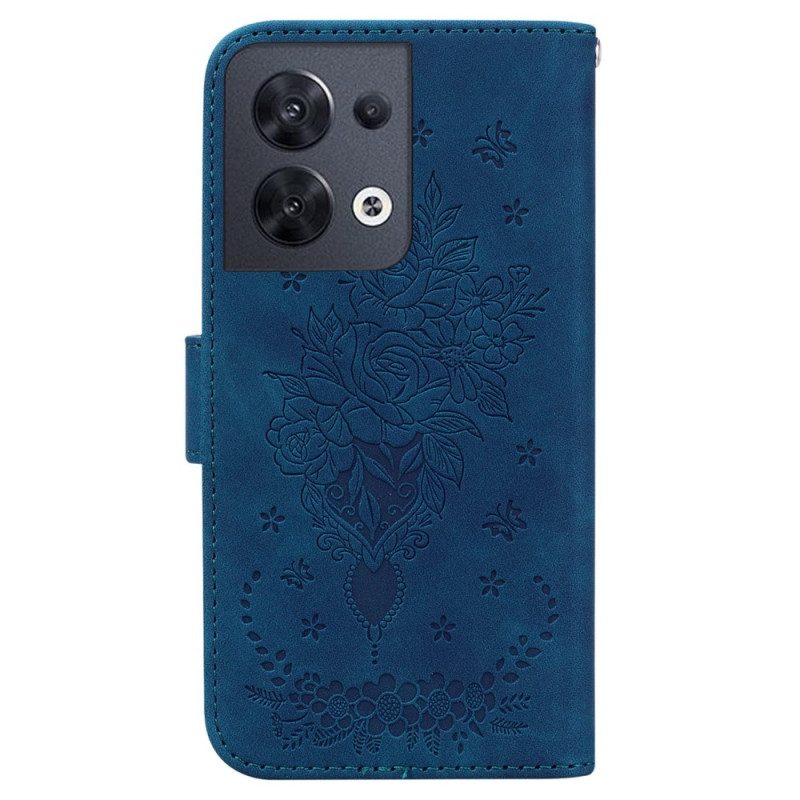 Custodia in pelle Oppo Reno 8 Strappy Rose E Farfalle