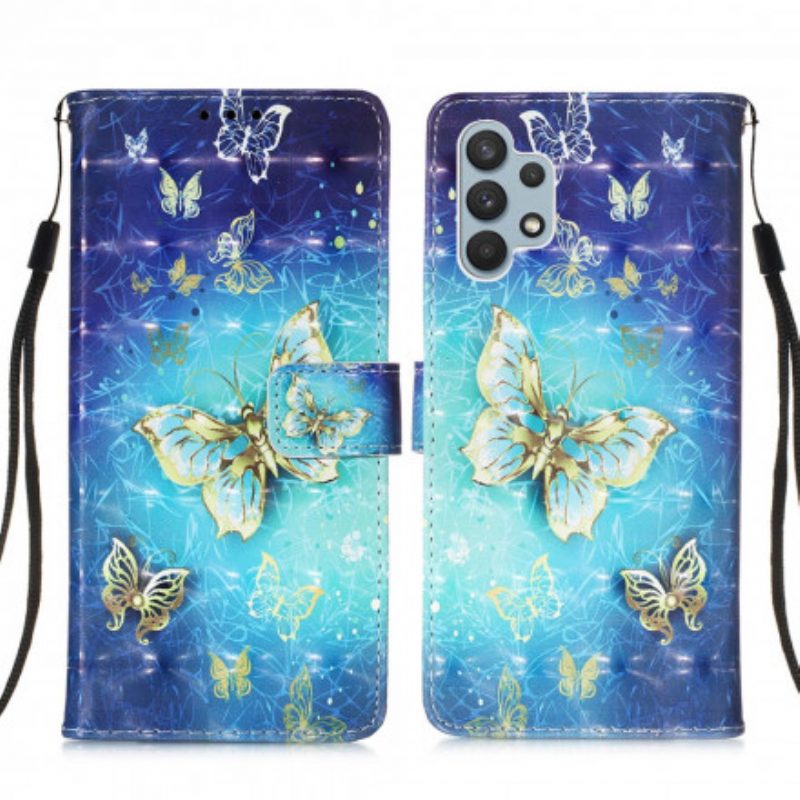 Custodia in pelle Samsung Galaxy A32 Cordino Farfalle Dorate