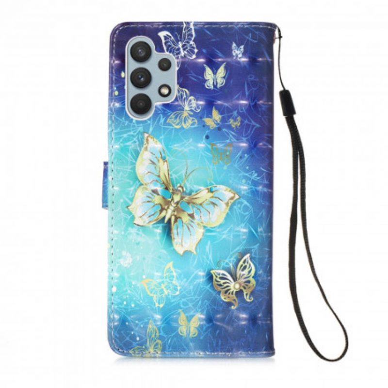 Custodia in pelle Samsung Galaxy A32 Cordino Farfalle Dorate