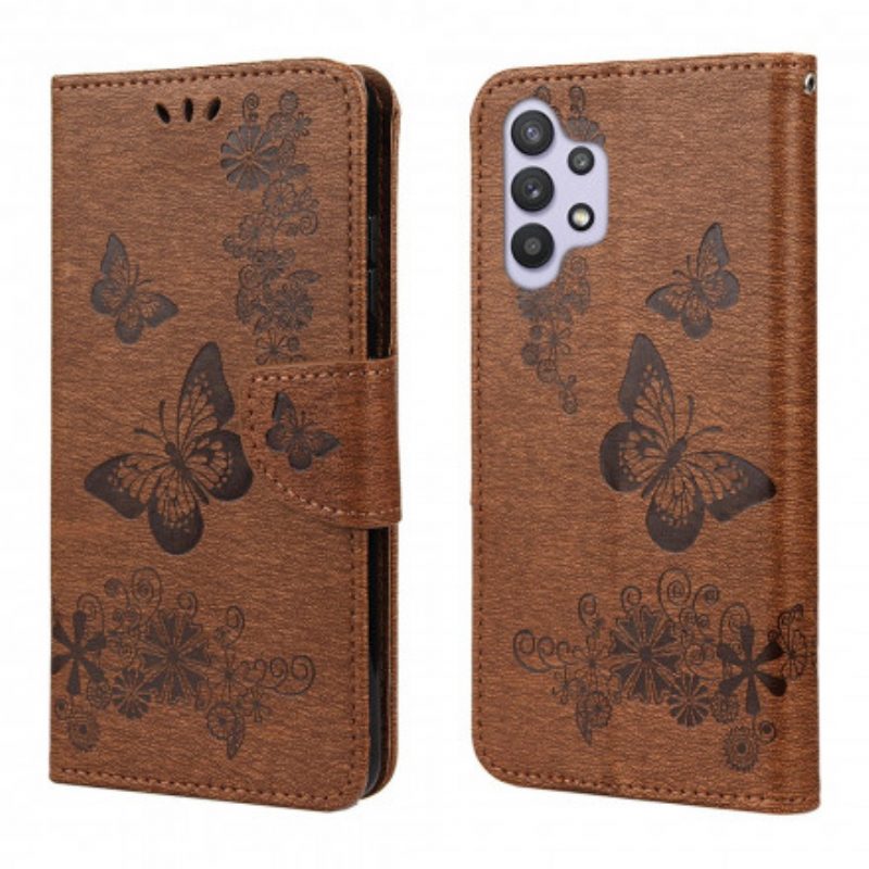 Custodia in pelle Samsung Galaxy A32 Solo Farfalle Con Cordino