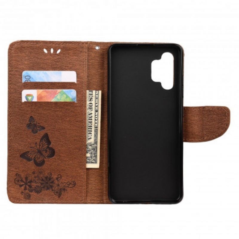 Custodia in pelle Samsung Galaxy A32 Solo Farfalle Con Cordino