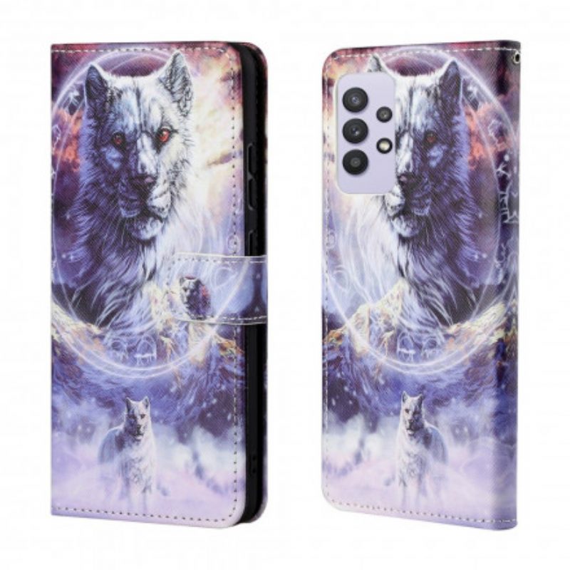 Folio Cover Samsung Galaxy A32 Lupo In Inverno Con Cordino