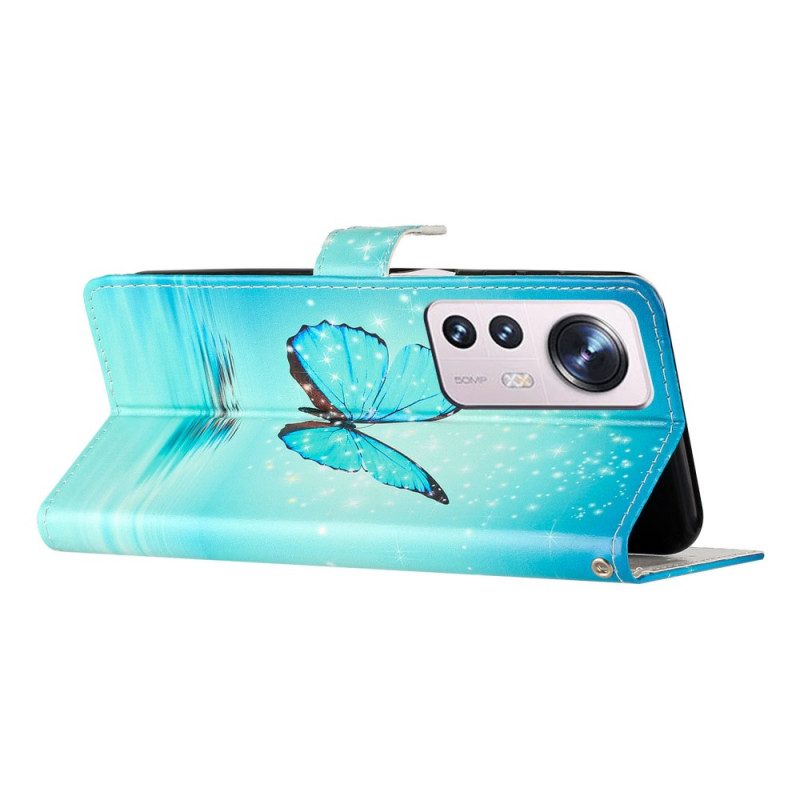 Custodia A Portafoglio Xiaomi 12 Lite Farfalle Blu Con Cinturino