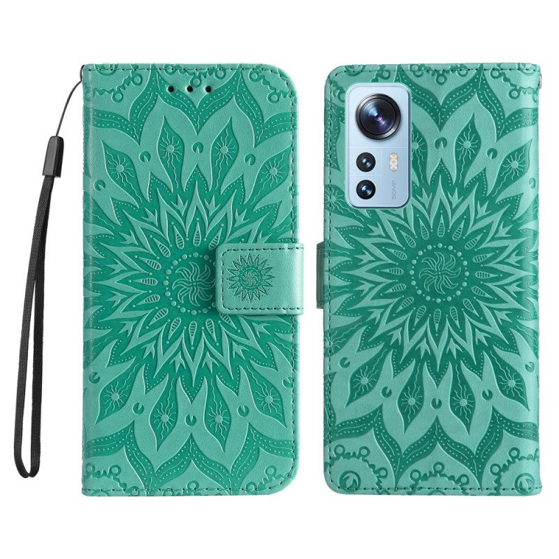 Custodia in pelle Xiaomi 12 Lite Mandala Sole Con Cordino