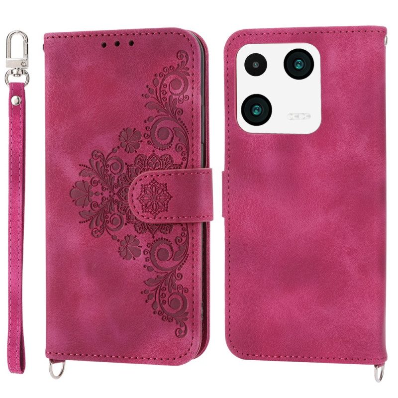 Custodia in pelle Xiaomi 13 Pro Fiori In Pizzo Con Cinturino E Tracolla