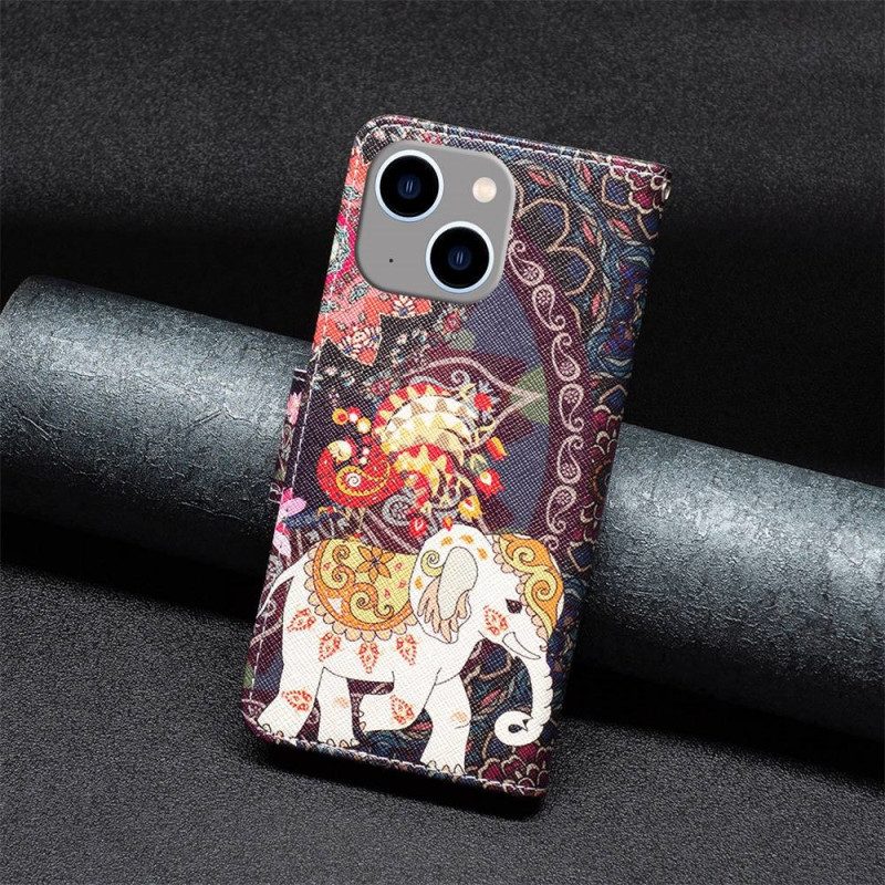 Custodia A Portafoglio iPhone 14 Plus Elefante Tribale