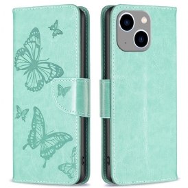 Custodia A Portafoglio iPhone 14 Plus Farfalle Stampate Strappy