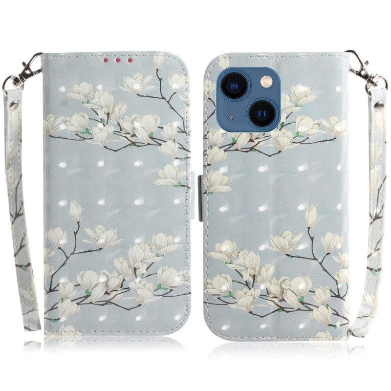Custodia in pelle iPhone 14 Plus Cinturino Rami Di Fiori