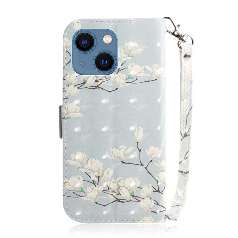 Custodia in pelle iPhone 14 Plus Cinturino Rami Di Fiori
