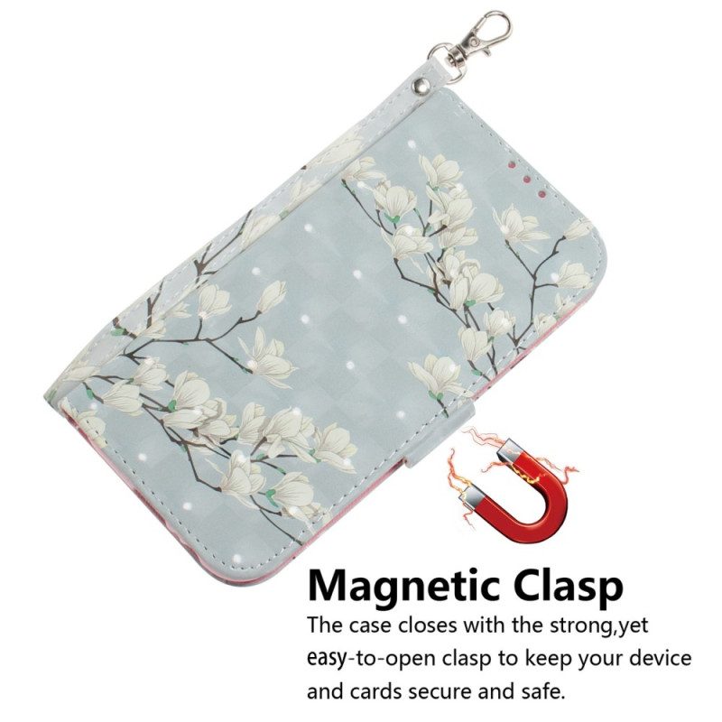 Custodia in pelle iPhone 14 Plus Cinturino Rami Di Fiori