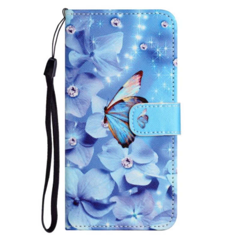 Custodia in pelle iPhone 14 Plus Farfalle Di Diamanti Strappy